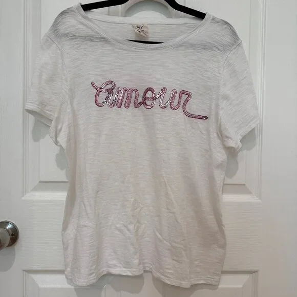 CINQ A SEPT AMOUR SHIRT WHITE WITH PINK SEQUINS LARGE - Picture 2 of 6
